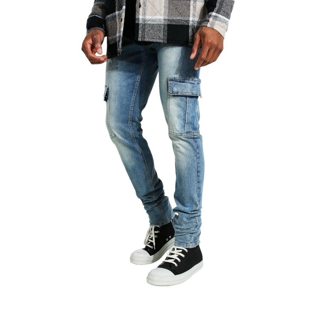 BoohooMan Light Wash Skinny Stretch Stacked Cargo Jean Streetwear Mens 30x30